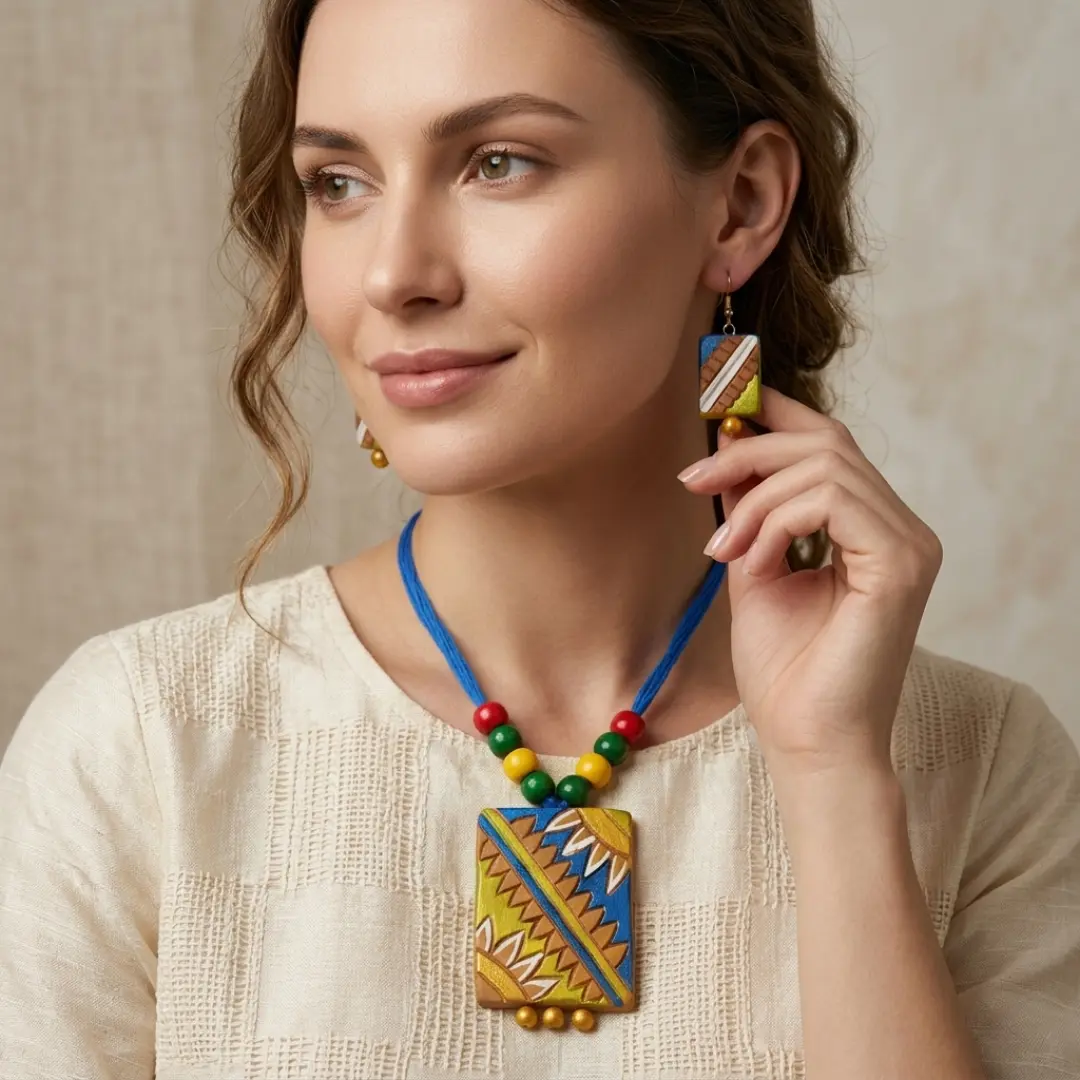 Hand-Painted Surya-Mandala Terracotta Jewelry Set