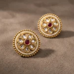 Pushzora Crimson Kundan Heritage Studs — Gold-Plated… - Gold-Plated Base Metal, Kundan Stones, Seed Pearls