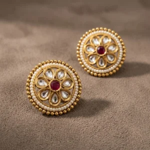 Pushzora Crimson Kundan Heritage Studs — Gold-Plated… - Gold-Plated Base Metal, Kundan Stones, Seed Pearls