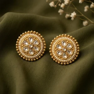 Astvante Luminous Kundan Heritage Studs — Gold-Plated… - Gold-Plated Base Metal, Clear Kundan Stones, Seed Pearls (view 2)