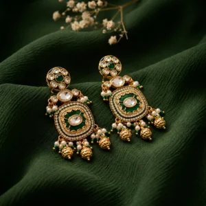 Tavlixa Emerald Kundan Heritage Drops — Gold-Plated Ba… - Gold-Plated Base Metal, Kundan Stones, Seed Pearls