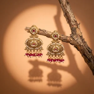 Tarkyna Crimson Filigree Heritage Earrings — Gold-Plat… - Gold-Plated Base Metal, Kundan Stones, Seed Pearls