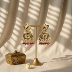 Tarkyna Crimson Filigree Heritage Earrings — Gold-Plat… - Gold-Plated Base Metal, Kundan Stones, Seed Pearls (view 2)