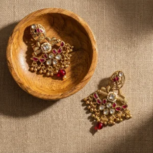 Nilvante Crimson Filigree Heritage Earrings — Gold-Pla… - Gold-Plated Base Metal, Kundan Stones, Seed Pearls