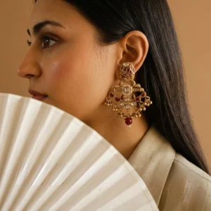 Nilvante Crimson Filigree Heritage Earrings — Gold-Pla… - Gold-Plated Base Metal, Kundan Stones, Seed Pearls (view 2)