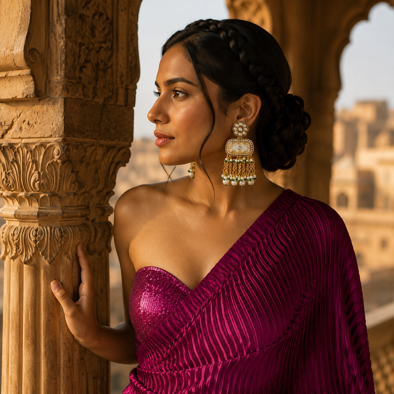 Jhalvyn Ivory Kundan Heritage Drops — Gold-Plated Base… - Gold-Plated Base Metal, Kundan Stones, Pearl, Enamel (view 4)