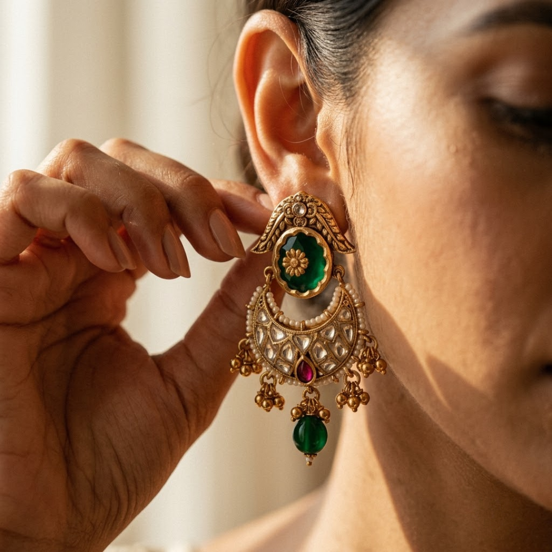 Torviri Kundan Heritage Chaandbali — Gold-Plated Base… - Gold-Plated Base Metal, Kundan Stones, Seed Pearls (view 2)