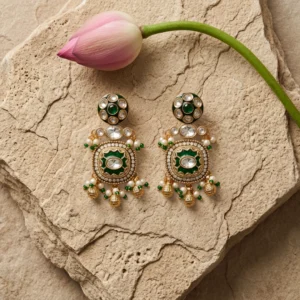 Tavlixa Emerald Kundan Heritage Drops — Gold-Plated Ba… - Gold-Plated Base Metal, Kundan Stones, Seed Pearls (view 2)