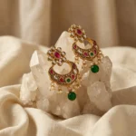 Indyva Crimson & Emerald Chaandbali — Gold-Plated Base… - Gold-Plated Base Metal, Kundan Stones, Seed Pearls