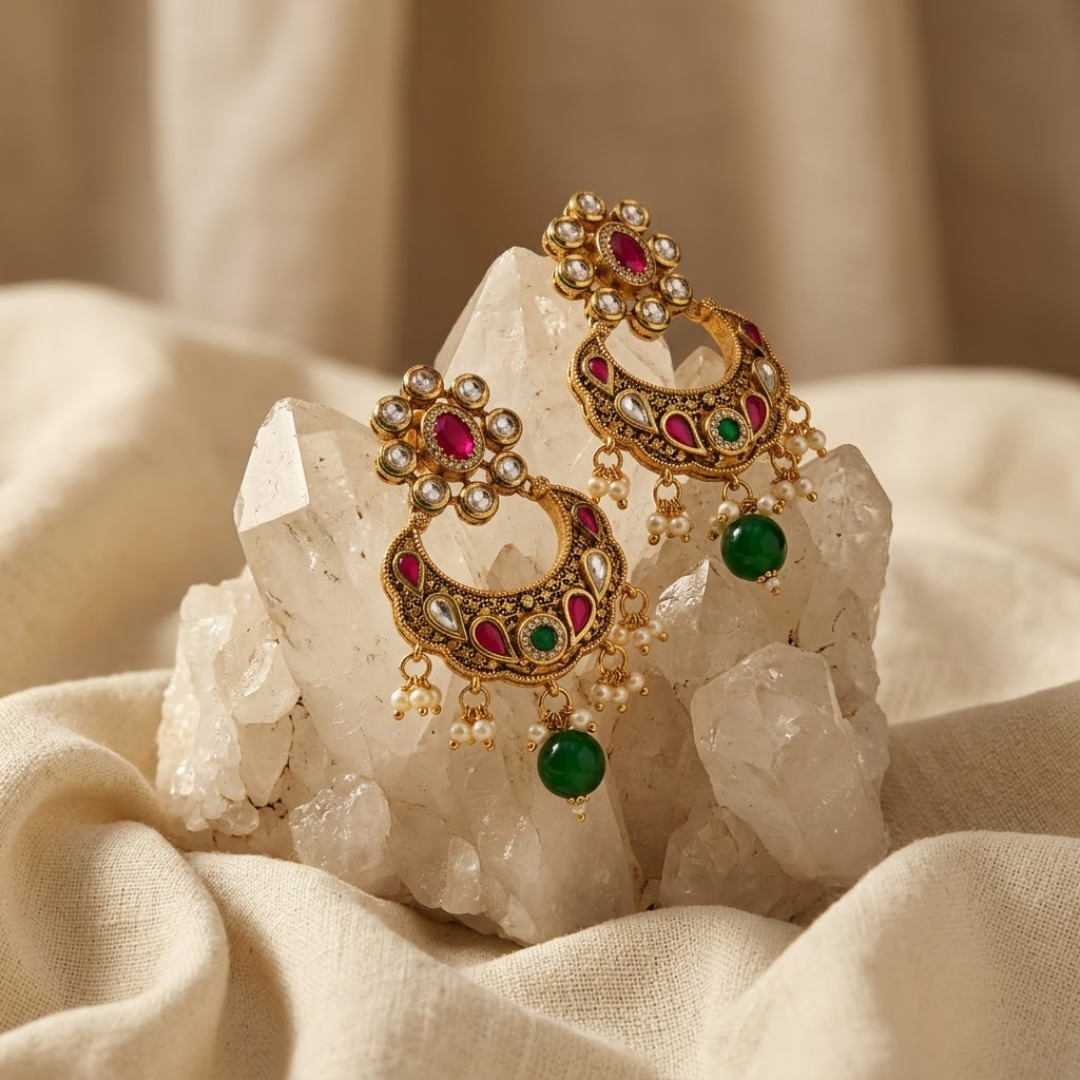 Indyva Crimson & Emerald Chaandbali — Gold-Plated Base… - Gold-Plated Base Metal, Kundan Stones, Seed Pearls