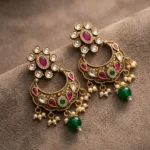 Indyva Crimson & Emerald Chaandbali — Gold-Plated Base… - Gold-Plated Base Metal, Kundan Stones, Seed Pearls (view 2)