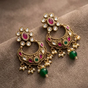Indyva Crimson & Emerald Chaandbali — Gold-Plated Base… - Gold-Plated Base Metal, Kundan Stones, Seed Pearls (view 2)