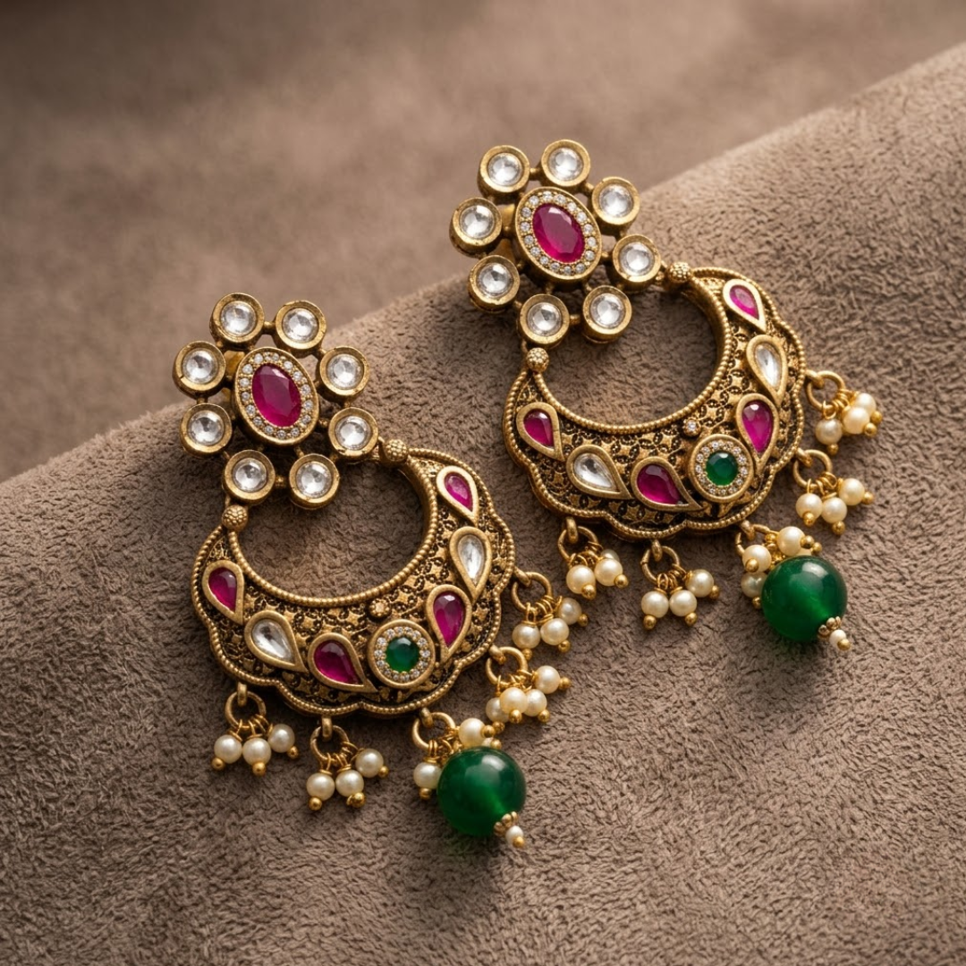 Indyva Crimson & Emerald Chaandbali — Gold-Plated Base… - Gold-Plated Base Metal, Kundan Stones, Seed Pearls (view 2)