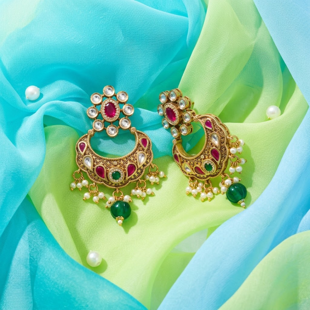 Indyva Crimson & Emerald Chaandbali — Gold-Plated Base… - Gold-Plated Base Metal, Kundan Stones, Seed Pearls (view 3)