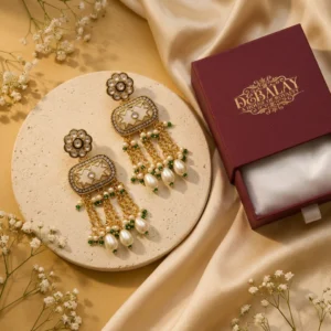 Jhalvyn Ivory Kundan Heritage Drops — Gold-Plated Base… - Gold-Plated Base Metal, Kundan Stones, Pearl, Enamel
