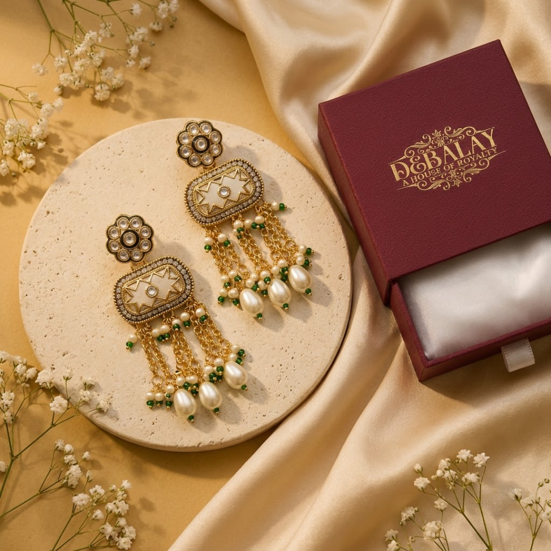 Jhalvyn Ivory Kundan Heritage Drops — Gold-Plated Base… - Gold-Plated Base Metal, Kundan Stones, Pearl, Enamel