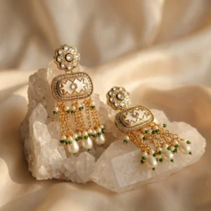 Jhalvyn Ivory Kundan Heritage Drops — Gold-Plated Base… - Gold-Plated Base Metal, Kundan Stones, Pearl, Enamel (view 2)