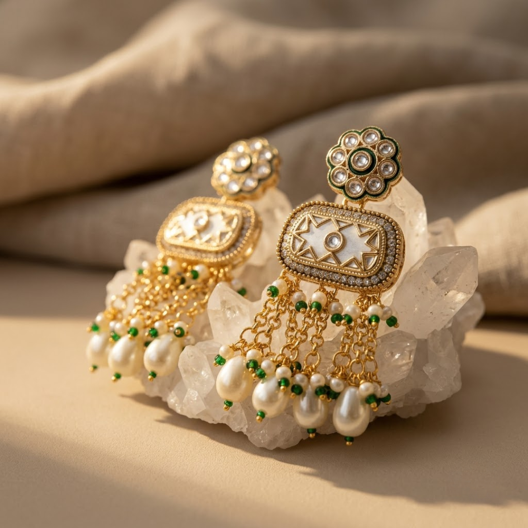 Jhalvyn Ivory Kundan Heritage Drops — Gold-Plated Base… - Gold-Plated Base Metal, Kundan Stones, Pearl, Enamel (view 3)