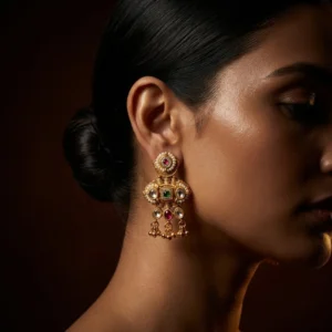 Orbyx Emerald & Crimson Heritage Drops — Gold-Plated B… - Gold-Plated Base Metal, Kundan Stones, Seed Pearls
