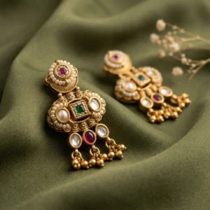 Orbyx Emerald & Crimson Heritage Drops — Gold-Plated B… - Gold-Plated Base Metal, Kundan Stones, Seed Pearls (view 2)