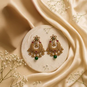 Vallryx Engraved Heritage Chaandbali — Gold-Plated Bas… - Gold-Plated Base Metal, Kundan Stones, Engraved Metal (view 2)