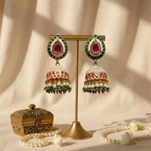 Ghurvyn Crimson Heritage Jhumka — Gold-Plated Base Met… - Gold-Plated Base Metal, Kundan Stones, Seed Pearls (view 2)