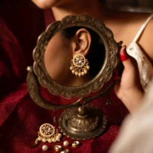 Syamviri Kundan Heritage Pearl Studs — Gold-Plated Bas… - Gold-Plated Base Metal, Kundan Stones, Seed Pearls (view 2)