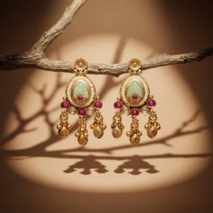 Bindryva Seafoam & Crimson Heritage Drops — Gold-Plate… - Gold-Plated Base Metal, Kundan Stones, Seed Pearls