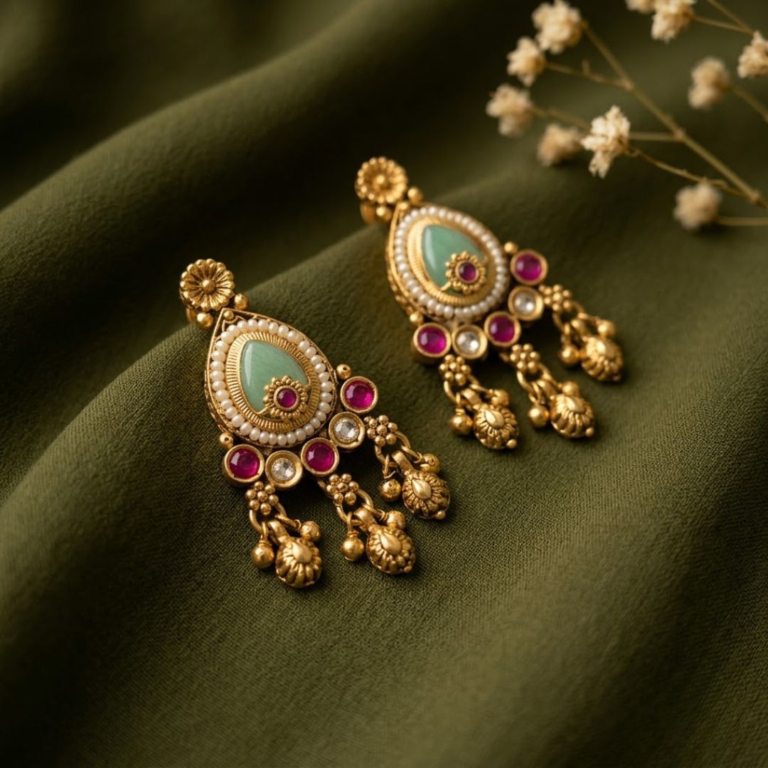 Bindryva Seafoam & Crimson Heritage Drops — Gold-Plate… - Gold-Plated Base Metal, Kundan Stones, Seed Pearls (view 2)