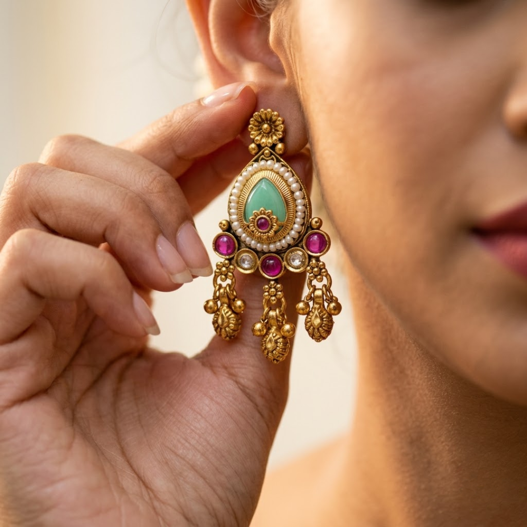 Bindryva Seafoam & Crimson Heritage Drops — Gold-Plate… - Gold-Plated Base Metal, Kundan Stones, Seed Pearls (view 3)