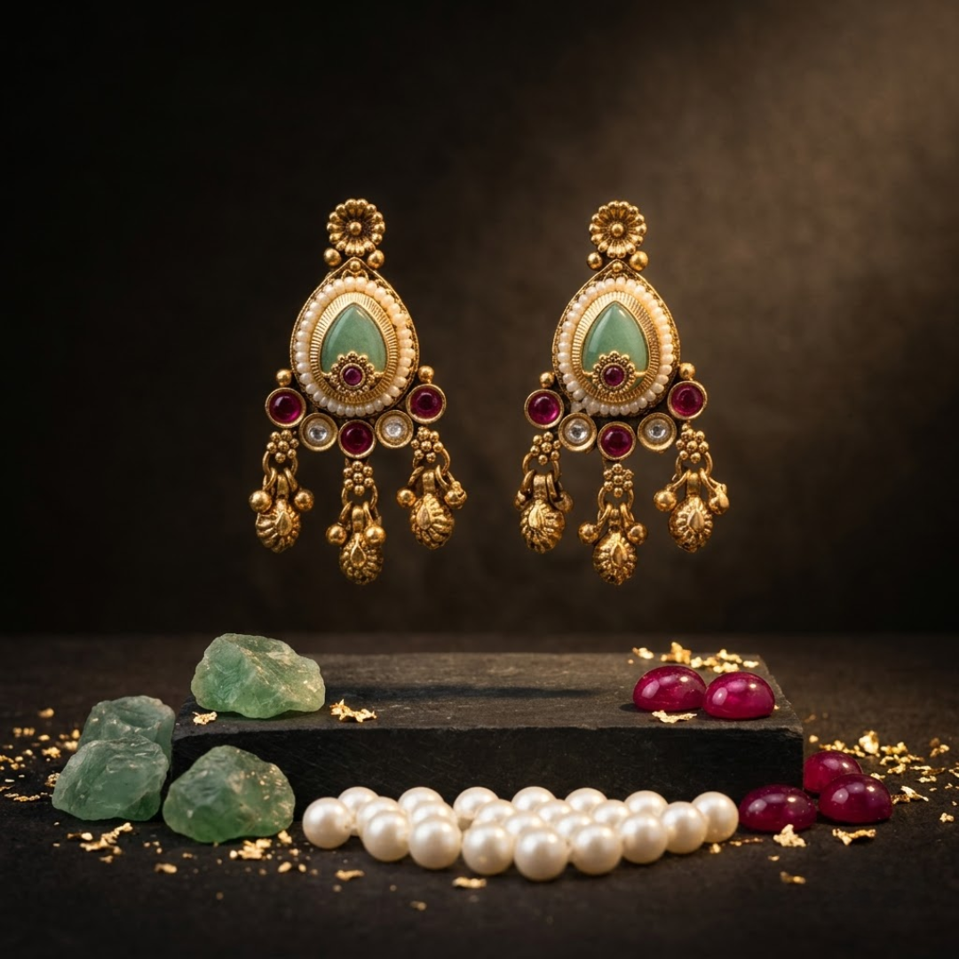 Bindryva Seafoam & Crimson Heritage Drops — Gold-Plate… - Gold-Plated Base Metal, Kundan Stones, Seed Pearls (view 6)