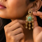 Mukvysa Emerald Square Kundan Drops — Gold-Plated Base… - Gold-Plated Base Metal, Kundan Stones, Seed Pearls (view 4)