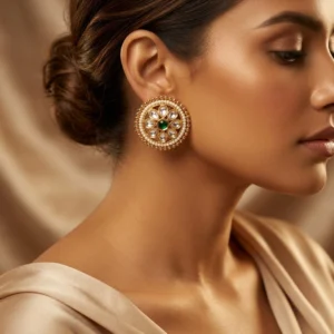 Pushvixa Emerald Kundan Heritage Studs — Gold-Plated B… - Gold-Plated Base Metal, Kundan Stones, Seed Pearls