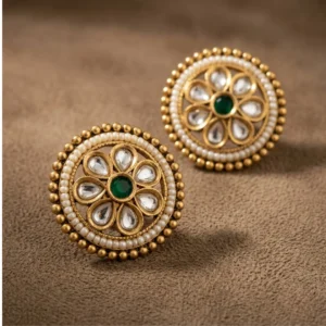 Pushvixa Emerald Kundan Heritage Studs — Gold-Plated B… - Gold-Plated Base Metal, Kundan Stones, Seed Pearls (view 2)