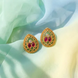 Jalvante Seafoam Kalka Heritage Studs — Gold-Plated Ba… - Gold-Plated Base Metal, Kundan Stones, Enamel