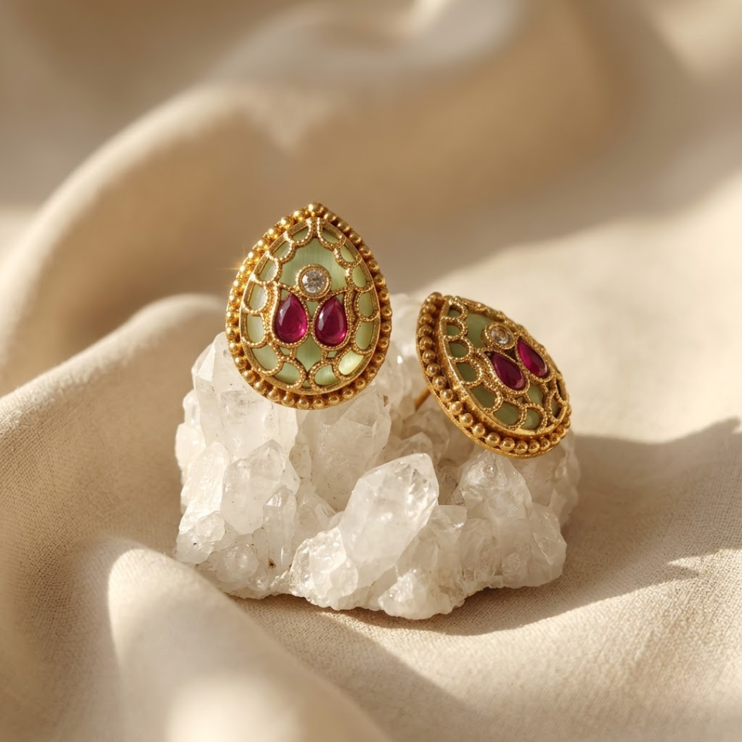 Jalvante Seafoam Kalka Heritage Studs — Gold-Plated Ba… - Gold-Plated Base Metal, Kundan Stones, Enamel (view 2)