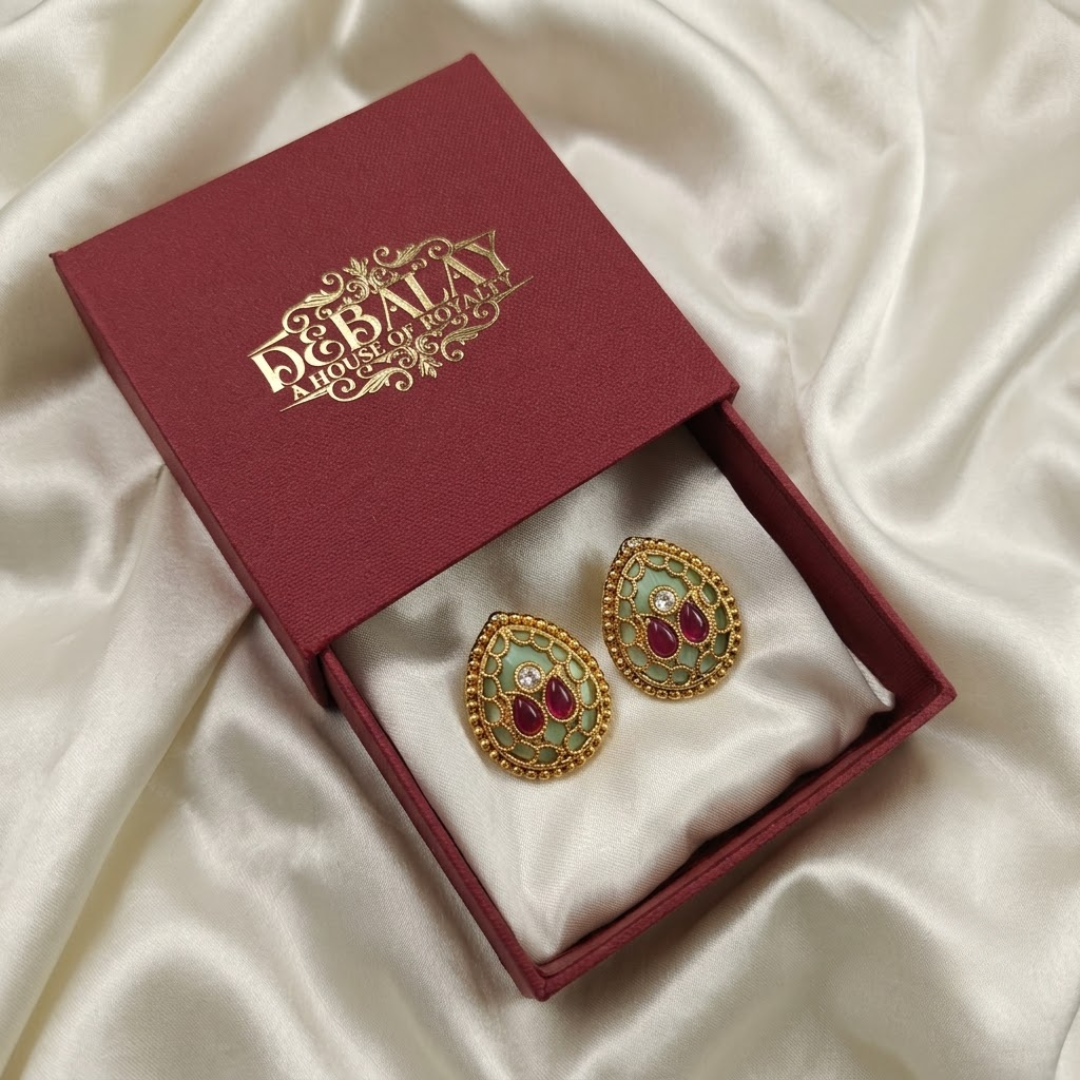 Jalvante Seafoam Kalka Heritage Studs — Gold-Plated Ba… - Gold-Plated Base Metal, Kundan Stones, Enamel (view 4)