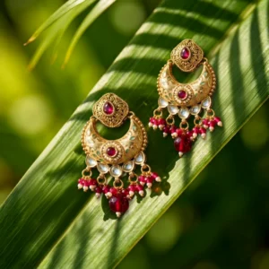 Candrima Crescent Kundan Heritage Earrings — Pure Base… - Pure Base Metal, Embedded with Kundan work and enamel (view 2)
