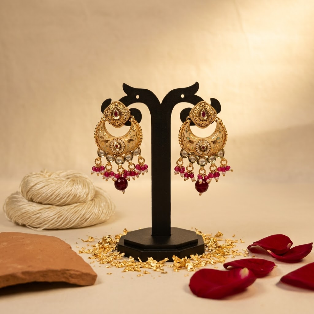 Candrima Crescent Kundan Heritage Earrings — Pure Base… - Pure Base Metal, Embedded with Kundan work and enamel (view 3)
