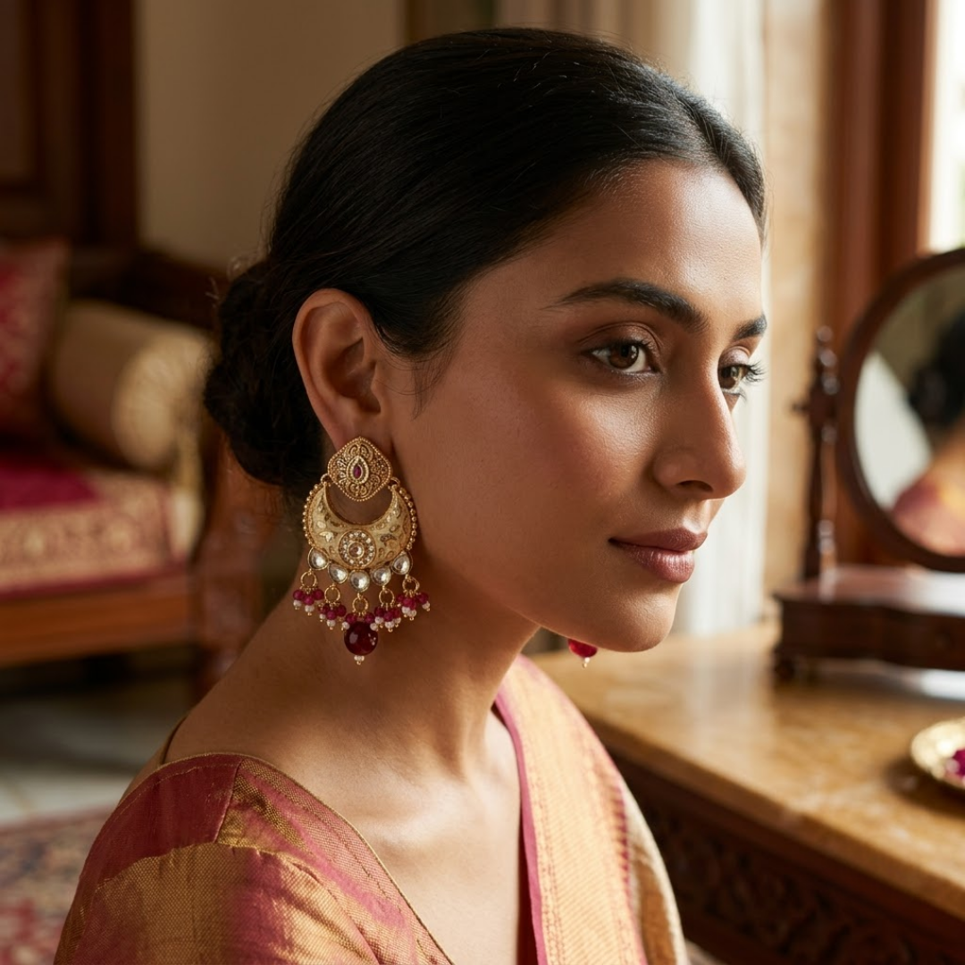 Candrima Crescent Kundan Heritage Earrings — Pure Base… - Pure Base Metal, Embedded with Kundan work and enamel (view 4)