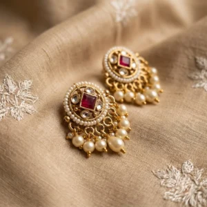 Chakzora Crimson Kundan Pearl Studs — Gold-Plated Base… - Gold-Plated Base Metal, Kundan Stones, Seed Pearls (view 2)