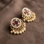Chakzora Crimson Kundan Pearl Studs — Gold-Plated Base… - Gold-Plated Base Metal, Kundan Stones, Seed Pearls (view 5)
