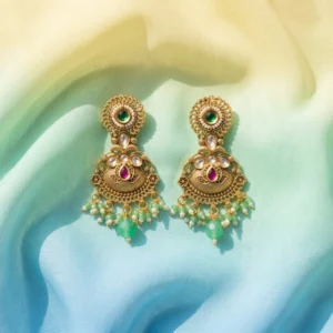 Marvante Emerald & Crimson Heritage Drops — Gold-Plate… - Gold-Plated Base Metal, Kundan Stones, Seed Pearls