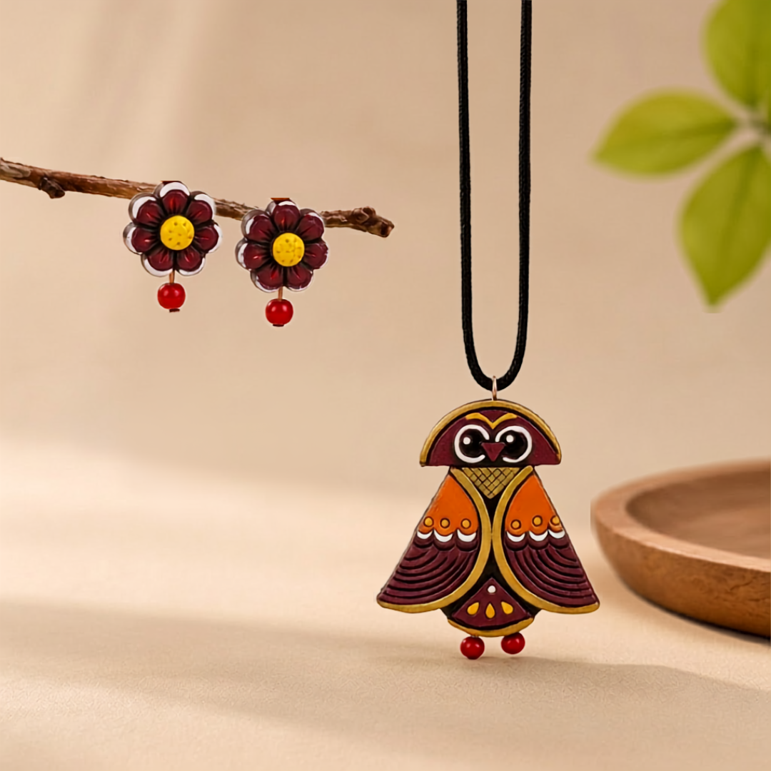 Mritvante Terracotta Owl Heritage Artifact — REAL Terr… - REAL Terracotta, Boho Earthenware, Hand-Painted Pigments, Cotton Cord (view 3)