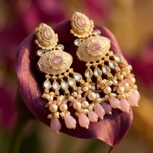 Mylvora Pastel Rose Heritage Drop Earrings — Pure Base… - Pure Base Metal, Embedded with Kundan work and gold-finished earrings