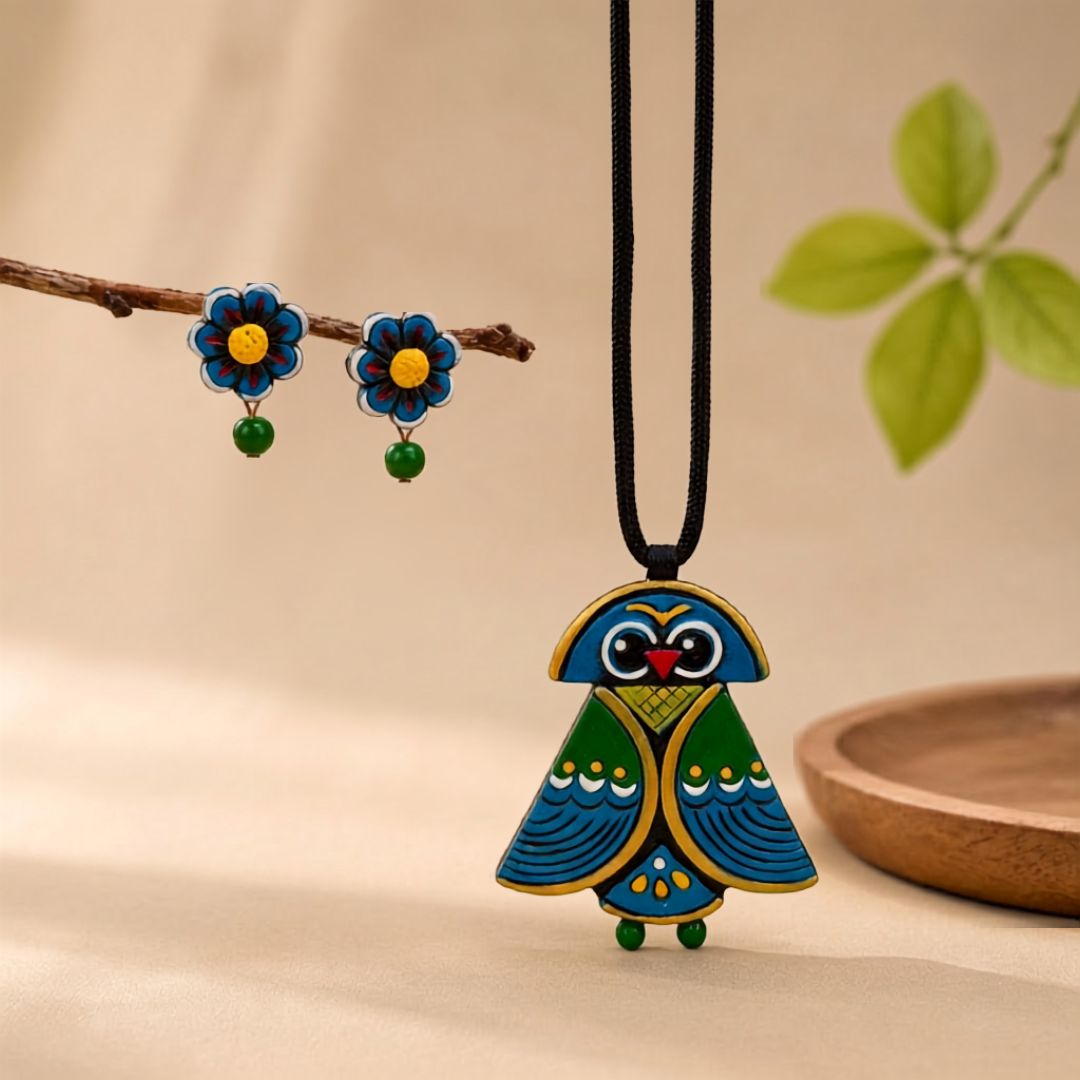 ilvante Azure Owl Terracotta Heritage Artifact — REAL… - REAL Terracotta, Boho Earthenware, Hand-Painted Pigments, Cotton Cord