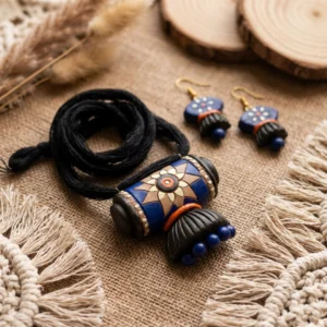 Nilzora Azure Terracotta Cylindrical Artifact — REAL T… - REAL Terracotta, Boho Earthenware, Hand-Painted Pigments, Cotton Cord