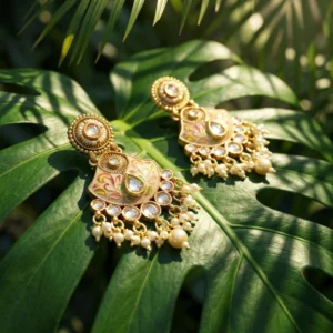 Velkora Pearl & Kundan Heritage Earrings — Pure Base… - Pure Base Metal, Embedded with Kundan work and gold-finished earrings