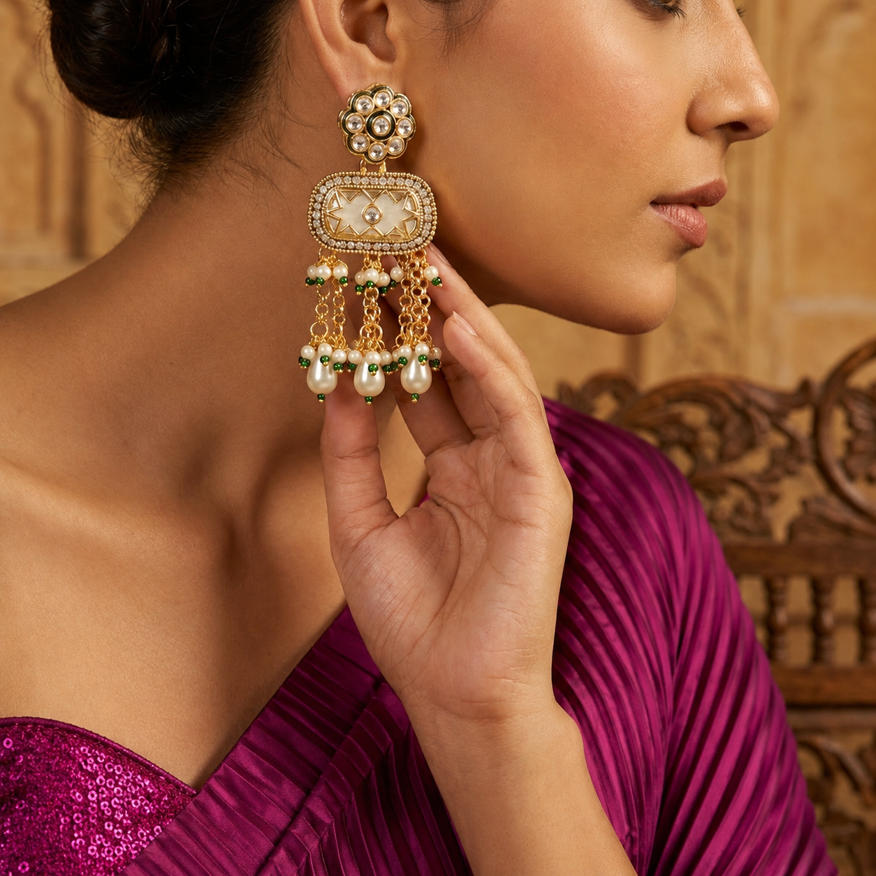 Jhalvyn Ivory Kundan Heritage Drops — Gold-Plated Base… - Gold-Plated Base Metal, Kundan Stones, Pearl, Enamel (view 6)